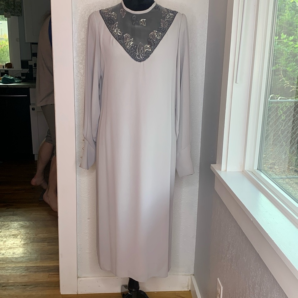 Vintage Eletra Casadei Dove Gray Beaded Midi Dress Pearl Cuffs Elegant Formal